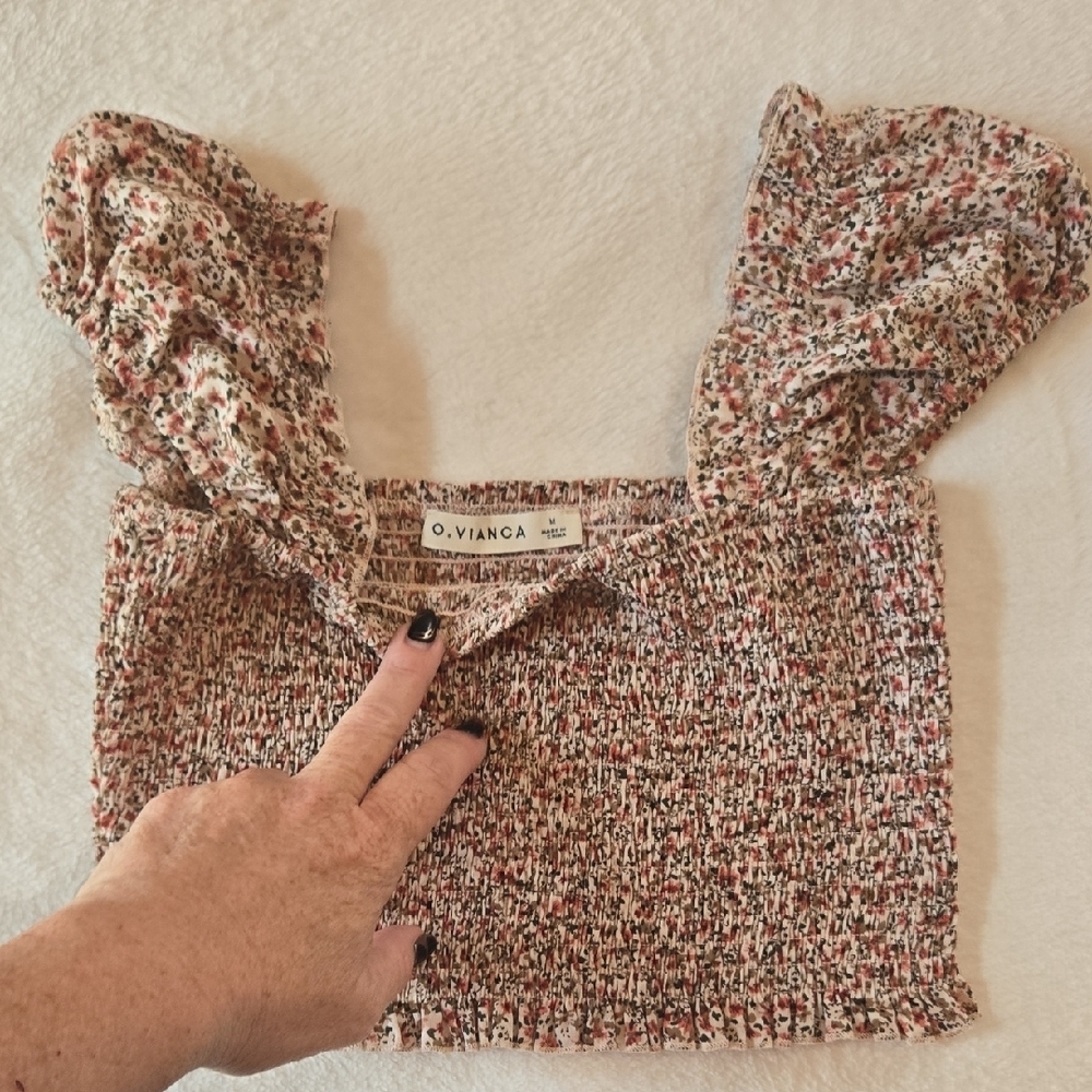 OVianca M Pink/Brwn Smocked Y2K Crop Top Puffy Sleeve 🌸Peasant Prairie❤️ Flirty - Picture 3 of 10